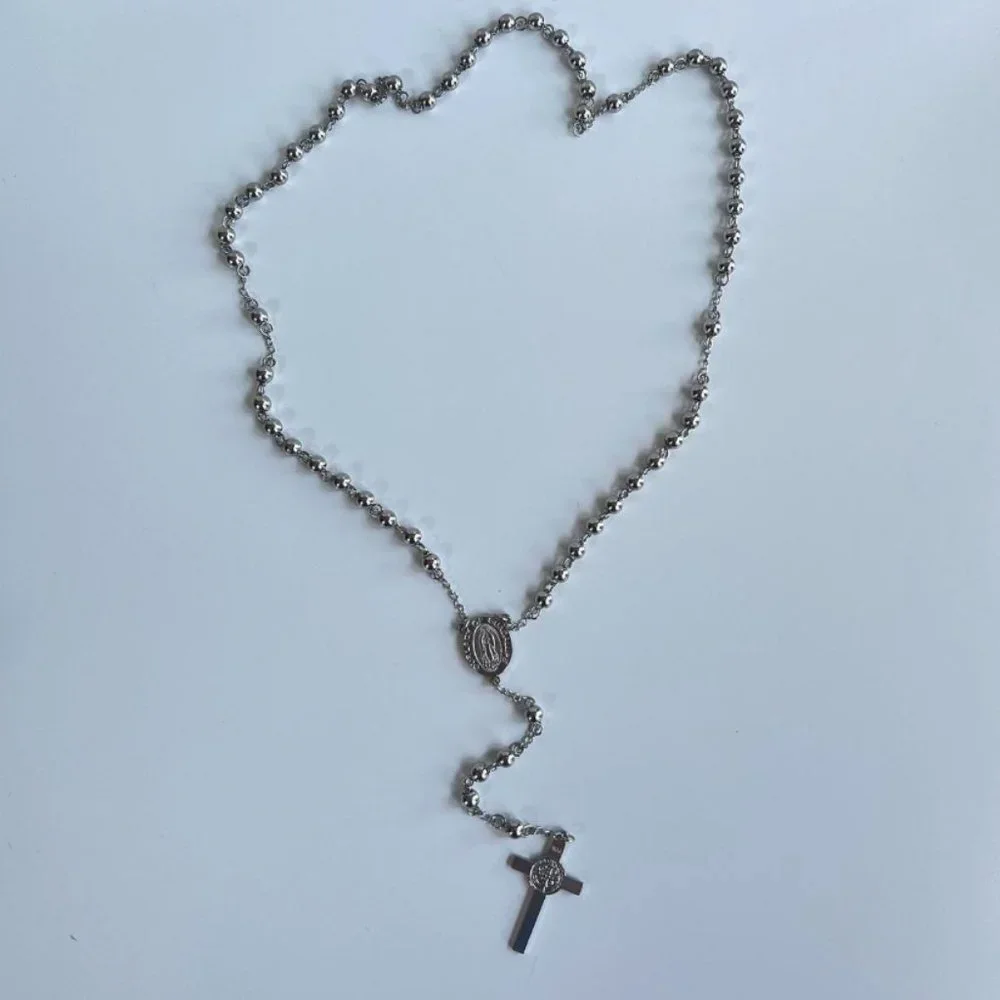 Y2K 2000s chrome silver rosary bead necklace